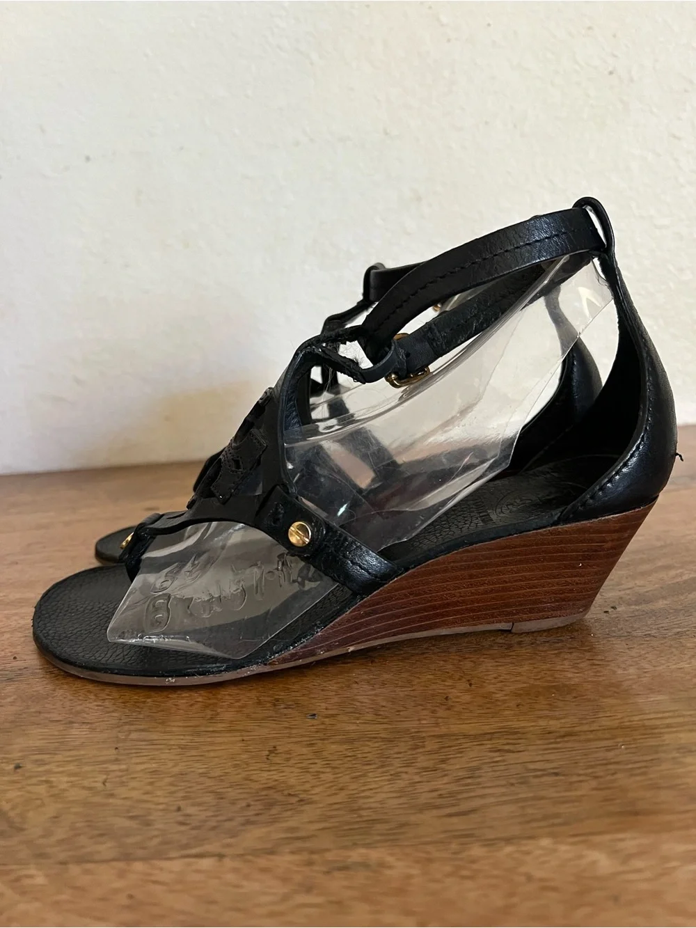 Tory Burch Miller  Black Leather Wedge Strappy Sandal Size 6M